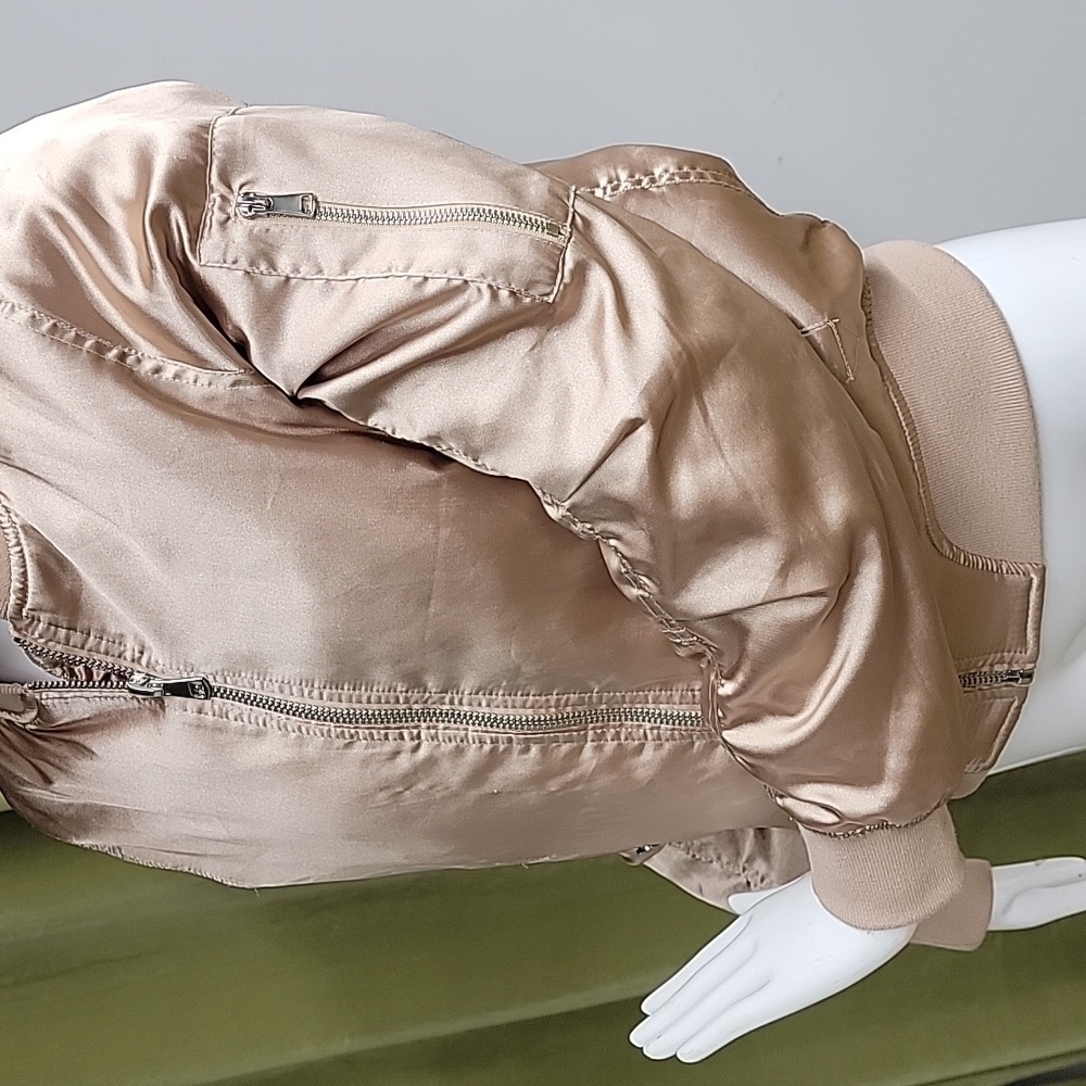TOPSHOP  Metallic Beige Pink Gold Bomber Full Zip Jacket Size 6 - Picture 3 of 12